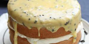 Sponge cake with passionfruit icing.