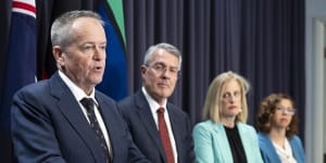 Minister for Government Services Bill Shorten,Attorney-General Mark Dreyfus,Finance Minister Katy Gallagher and Minister for Social Services Amanda Rishworth during a press conference on the response to the Robodebt Royal Commission,at Parliament House in Canberra on Monday.
