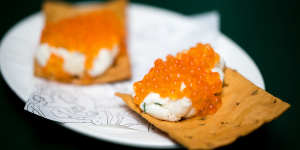 Crostino topped with ricotta and Yarra Valley caviar.