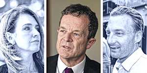 NSW Liberal politicians Kellie Sloane (left) and James Griffin (right) are said to be contenders for leader Mark Speakman’s job (centre).