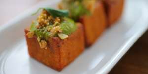 Sarma in Somerville:pumpkin fritters with coriander,chickpea and walnut. 