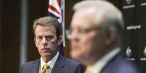 Pressure points:Federal Education Minister Dan Tehan with Prime Minister Scott Morrison at a press conference last month.