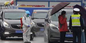 A worker in protective clothes disinfects a vehicle from the World Health Organisation convoy at the Baishazhou wholesale market in Wuhan.