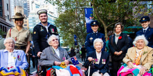 Anzac Day march participants (left to right) Dorothy Curtis,Mavis Wheeler,Barbara Coward and Margaret Ferrier,2021.