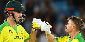 David Warner with Mitch Marsh at the 2021 T20 World Cup,won by Australia.
