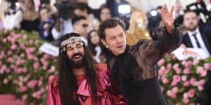 Departing Gucci creative director Alessandro Michele,left,and Harry Styles at the 2019 Met Gala.
