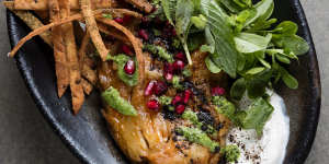 The charcoal eggplant with pomegranate,pine nuts and mint salad.