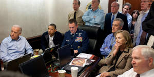 White House photographer Pete Souza’s famous shot of Barack Obama and his national security team,including Joe Biden and Hillary Clinton,in the Situation Room on May 1,2011,as the raid on the bin Laden compound took place.