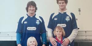 Connor Watson (bottom right) stands in front of Matt King in 2006. Brother Fletcher is in front of Nathan Hindmarsh.