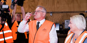 Whisky tipple:Prime Minister Scott Morrison visits the Lark Distillery in Hobart with the local Liberal candidate Susie Bower. 