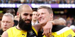 Bachar Houli (left) with coach Damien Hardwick after Richmond’s 2017 grand final win.