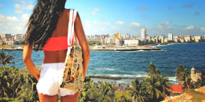 View of Havana and Malecon from the other side of the channel.