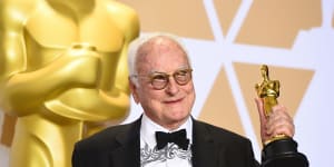 James Ivory,wearing a shirt featuring the face of star Timothée Chalamet,with the Oscar he won for best adapted screenplay for Call Me by Your Name in 2018.