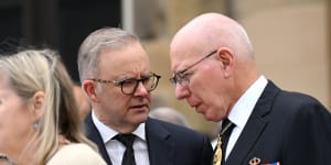 Prime Minister Anthony Albanese chats to Governor-General David Hurley at the state funeral for former Governor-General and Labor leader Bill Hayden.