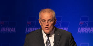 Scott Morrison at the traditional post-budget luncheon in Sydney on Friday,April 1,2022.