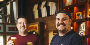 Co-owners of Philter Brewing Mick Neil and Stef Constantoulas at their Marrickville brewery.