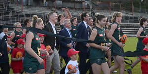 AFL CEO Gillon McLachlan,Tasmanian Premier Jeremy Rockliff,Deputy Prime Minister Richard Marles and Richmond star Jack Riewoldt at the announcement of the AFL’s 19th team in Tasmania.