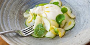 The creamy local burrata is ringed with a delicate zucchini,squash and mint salad.