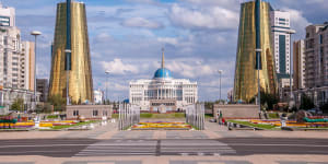 ASTANA,KAZAKHSTAN REPUBLIC - 2012:View of the Nurzhol Boulevard and President's Palace Acorda