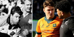 Nick Farr Jones running for the Anzac XV in 1989,and Beauden Barrett and Ardie Savea in a mix of trans-Tasman colours in 2021.