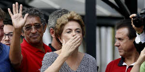 Dilma Rousseff blows a kiss to supporters after visiting former president Luiz Inacio Lula da Silva at his residence in Sao Bernardo do Campo on March 5.