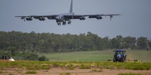A USAF B-52 lands during exercise Lightning Focus at an RAAF Base in Darwin in 2018.
