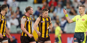 Hawthorn’s Tom Mitchell speaks to umpire Hayden Gavine after a 50-metre penalty was paid to the Cats on Easter Monday.