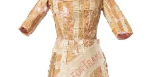 Dress,decorated with tram tickets. Cotton,paper. Made by Effie Bradshaw,Sydney,New South Wales,Australia,1906. Powerhouse Museum.