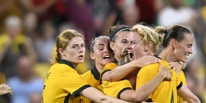 Emily van Egmond celebrates after scoring for the Matildas in injury time.