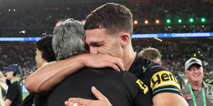 Emotional embrace:Ivan Cleary with son Nathan after Sunday’s grand final win.