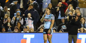 Nicho Hynes cuts a dejected figure after missing a sideline conversion in the Cronulla Sharks loss to the Dolphins.