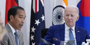 US President Joe Biden watches as Indonesian President Joko Widodo,left,speak about global infrastructure and investment at the G7 Summit in Hiroshima on the weekend.