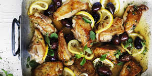 Braised chicken (or use fish) with lemon,oregano and olives.