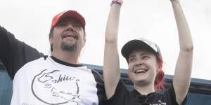 Rick Werner from the Gold Coast celebrates with his daughter Danielle after his 1932 Ford pickup hotrod was named the 2019 Summernats Grand Champion