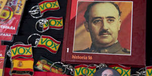 Souvenirs for sale with Francoist symbology next to key chains of the far-right Vox party in November 2019,marking the 44th anniversary of former dictator Francisco Franco’s death in 1975. 