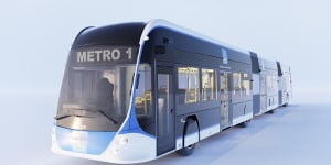 A render of the final design for the pilot Brisbane Metro vehicles,set to arrive for testing on the city’s bus network in 2022.
