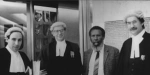 Solicitor Greg McIntyre,barrister Ron Castan,Eddie Mabo and barrister Bryan Keon-Cohen at the High Court of Australia 1991. From the film Mabo:Life of An Island Man .