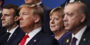 From left,French President Emmanuel Macron,then US president Donald Trump,German Chancellor Angela Merkel and Turkish President Recep Tayyip Erdogan at the 2019 NATO summit.