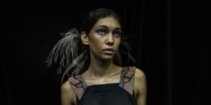 Model Latahlia Hickling backstage at the first First Nations solo Indigenous Fashion Show at Australian Fashion Week by Ngali.