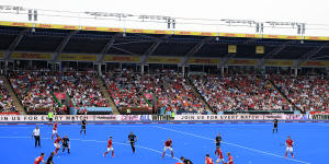 Great Britain taking on New Zealand in 2019,on a drop-in hockey field at the Twickenham Stoop rugby stadium in London.