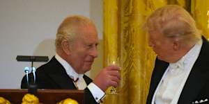 King Charles and President Donald Trump toast during the official state dinner at the White House.