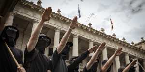 Nazi salute:a transgender rights event in Melbourne was disrupted by members of the Nationalist Socialist Network.