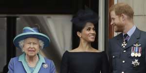 Queen Elizabeth II,with Meghan and Prince Harry in 2018. The Sussexes insist they rang the Queen to ask her about their daughter’s name shortly after the birth. 
