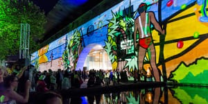 Josh Muir’s Still Here projected onto the NGV for White Night 2016.