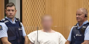 The alleged Christchurch shooter in court on Saturday morning.