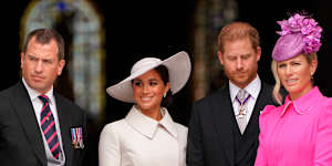 Peter Phillips,Meghan,Duchess of Sussex,Prince Harry and Zara Tindall during the Platinum Jubilee celebrations in June.