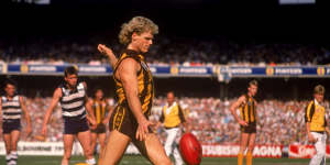 Dermott Brereton kicks for goal.