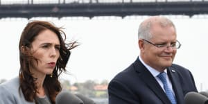 New Zealand Prime Minister,Jacinda Ardern and Australian Prime Minster,Scott Morrison speak to media at a press conference held at Admiralty House on February 28,2020 in Sydney,Australia. Ardern is in Australia for two days for the annual bilateral meetings with Australian Prime Minister Scott Morrison.