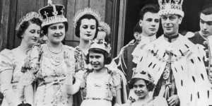 British royals (from left foreground) Queen Elizabeth,Princess Elizabeth,Princess Margaret and King George VI after his coronation in 1937.