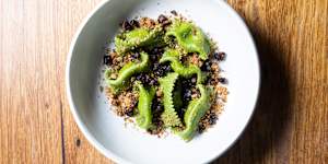 Spinach,dill and goat cheese pasta with honey-candied walnuts